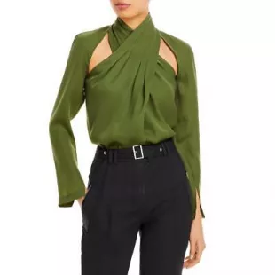 Womens Green Criss-Cross Front Cut-Out Blouse