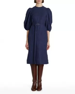 Chlo - Balloon-Sleeve Belted Linen Midi Dress