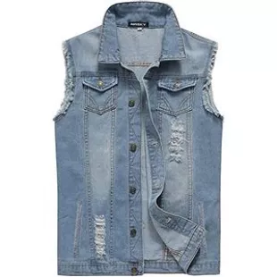 NASKY Men's Fit Retro Ripped Denim Vest Sleeveless Lapel Jean Vest Jacket Waistcoat Top(Small,Light blue)