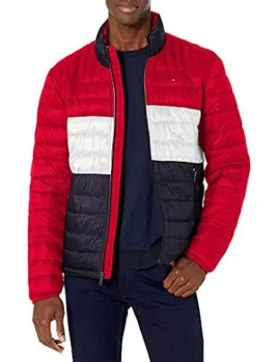 Ultra Loft Lightweight Packable Puffer Jacket (Standard and Big and Tall), Red/White/Blue Color Block, X-Large