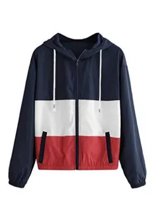 Color Block Hooded Casual Thin Windbreaker Jacket White Blue S