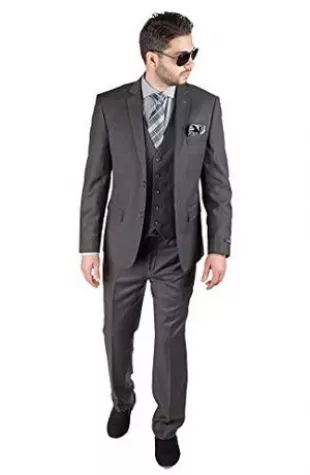 High Quality 2 Button Solid Charcoal Gray Vested Suits For Men 100% Super 140s Men with pleated pants - Color: Dark Grey Suit - Three Piece Suit main image 1