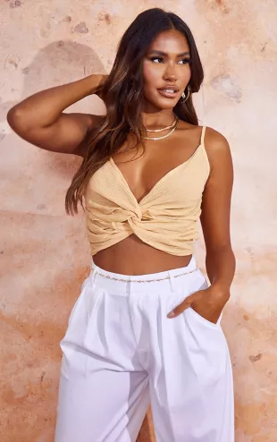 Sand Textured Linen Feel Twist Front Crop Top