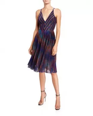 Haley Metallic Striped V-Neck Sleeveless Pleated Dress