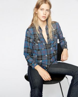 Chemise soie carreaux bleus et noirs brodée