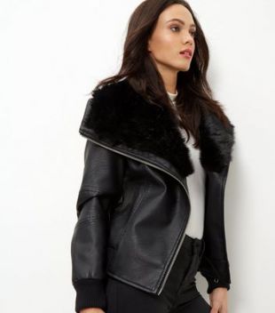 New Look Femme vêtements Vestes Manteaux Veste aviateur noire en similicuir avec col en fausse fourrure 380309401€46.39 : Mode féminine