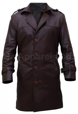 Mens Bay Watchmen Rorschach Style Casual Formal Trench Brown Leather Coat