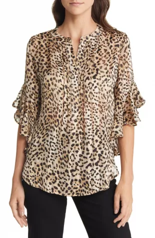 Vince Camuto - Cheetah Print Ruffle Sleeve Popover Blouse