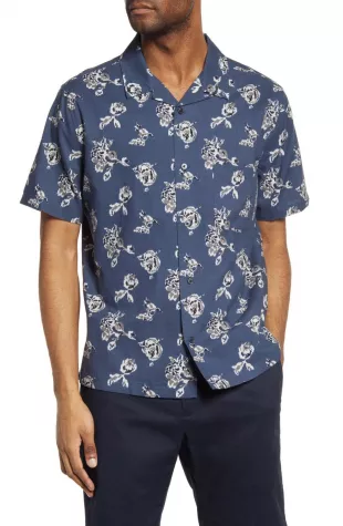 vince - Ikat Floral Print Short Sleeve Cotton Button Up Shirt