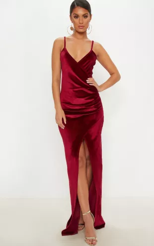 Pretty Little Thing Burgundy Velvet Wrap Strappy Maxi Dress worn by Emily  as seen in The Real Love Boat (S01E03) | Spotern