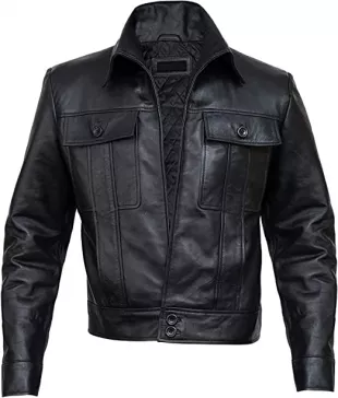 Men Vintage Shirt Collar Leather Jacket | Men Black Trucker Jacket