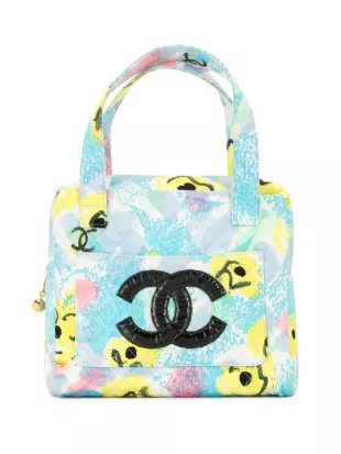 CHANEL VINTAGE 1997 Pile ground Flower COCO Mark Floral Handbag multicolor