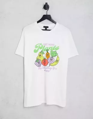 T-shirt oversize à imprimé Eat more plants - Blanc