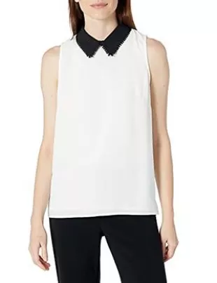 Women's Sleeveless Collared Blouse with Dot Trim