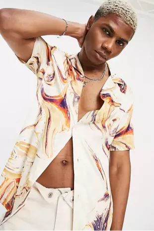 Regular Revere Marble Print Shirt In Gold