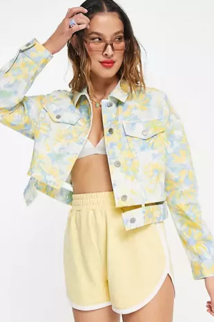 Floral Print Denim Jacket With Cut Out Detail In Multi
