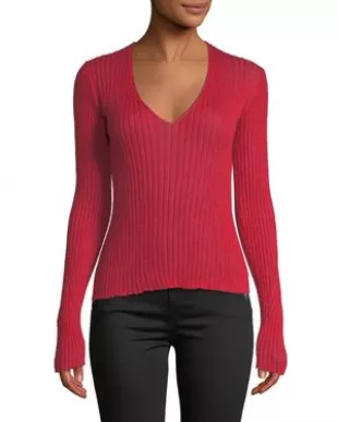Donna Ribbed Mohair V-Neck Sweater