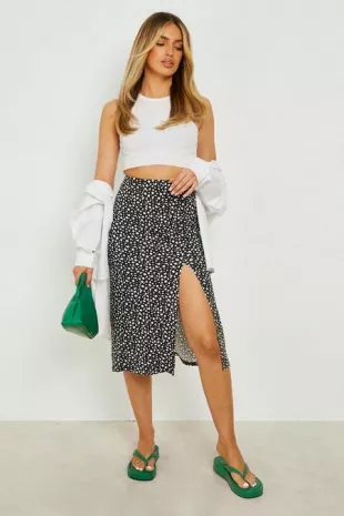 Polka Printed Jersey Thigh Split Midi Skirt