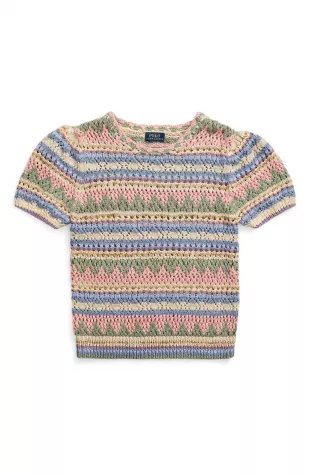 Pointelle Stripe Short Sleeve Cotton Sweater