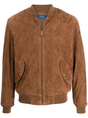 embroidered-logo suede bomber jacket