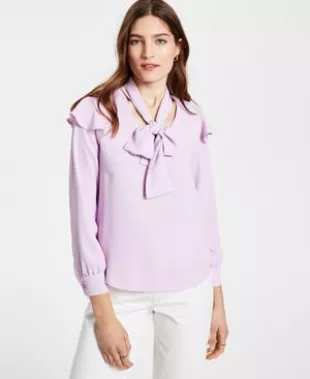 Bow-Neck Ruffled-Shoulder Blouse