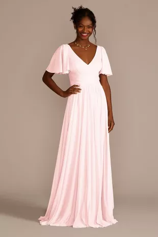 Davids Bridal Flutter Sleeve Crisscross Mesh Bridesmaid Dress worn by Megan  (Mali Ann Rees) as seen in The Pact (S02E03) | Spotern