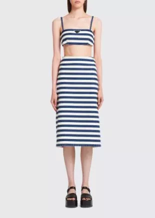 Striped Denim Straight Midi Skirt