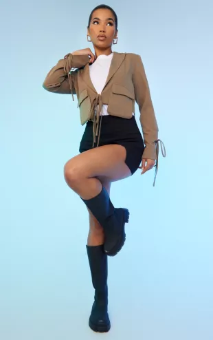 Khaki Tie Detail Cargo Pocket Cropped Blazer