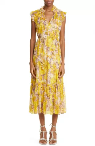 Flutter Belted Ruffled Floral-print Silk-crepon Midi Dress