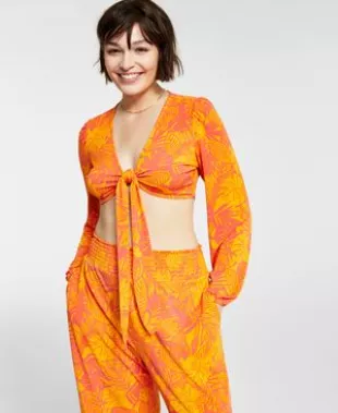 Women's Printed V-Neck Tie-Front Top