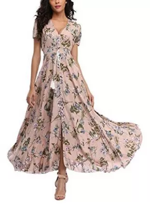 Women's Floral Maxi Dress Button Up Split Summer Boho Long Beach Dress