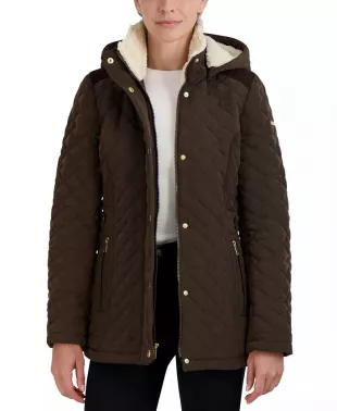 Faux-Fur-Lined Hooded Quilted Coat