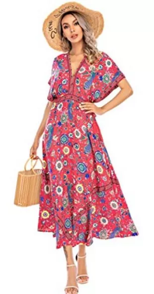 Summer Print Deep V Neck Cotton Beach Long Dresses