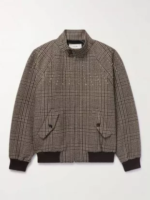 Crystal Embellished Prince of Wales Checked Wool Bomber Jacket