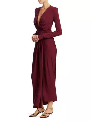 Gathered Jersey Plunging Long-Sleeve Gown