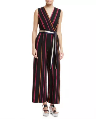 Sleeveless Crossover Wide-Leg Striped Jumpsuit