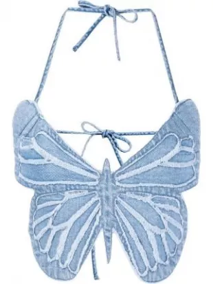 Cotton Denim Butterfly Crop Top