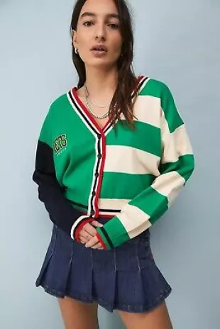 Iets Frans Mixed Contrast Stripe Cropped Green Varsity Cardigan