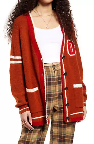 Brown Open Front Boucle Knit Varsity Cardigan