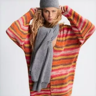 Over Size Wool Blend Longline Striped Knit Cardigan