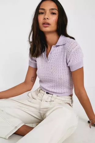Rue Pointelle Knit Short-Sleeve Polo Shirt