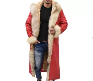 Santa Claus Red Leather Long Coat, Real Leather with Inside Full Faux Fur, Kurt Russell Overcoat Winter Leather Jacket Men's