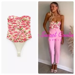 Zara Pink Floral Draped Corset Satin Effect Bodysuit worn by Kelsey Owens  as seen in Siesta Key (S05E05)