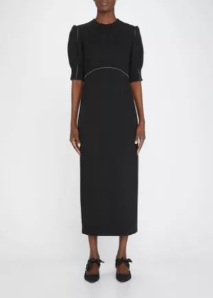 Beaded-Trim Sheath Wool Midi Dress