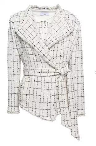 Belted Frayed Checked Tweed Jacket