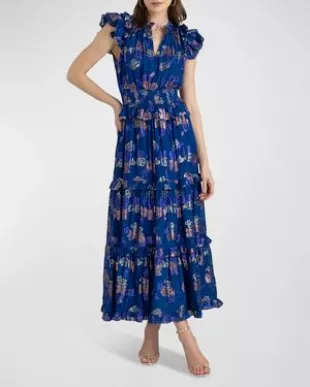 Maren Tiered Flutter-Sleeve Midi Dress