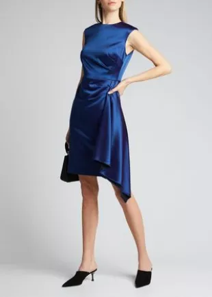 Cap-Sleeve Side-Draped Satin Sheath Dress