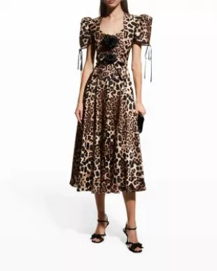 Leopard Puff-Sleeve Belted Silk Twill Midi Dress