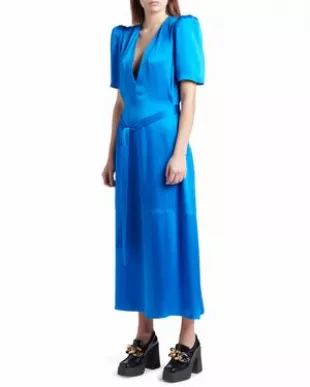 Puff Sleeve Tie Waist Satin Midi Dress