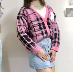 Women's Size S Bubblegum Pink Multi Plaid School Varsity Style Cardigan Sweater